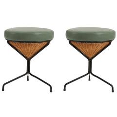 Vintage Danny Ho Fong for Tropi-Cal Wicker Iron and Leather Stools