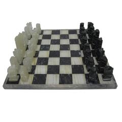 Vintage Modern Black and White Marble and Onyx Chess Set, Circa 1970s