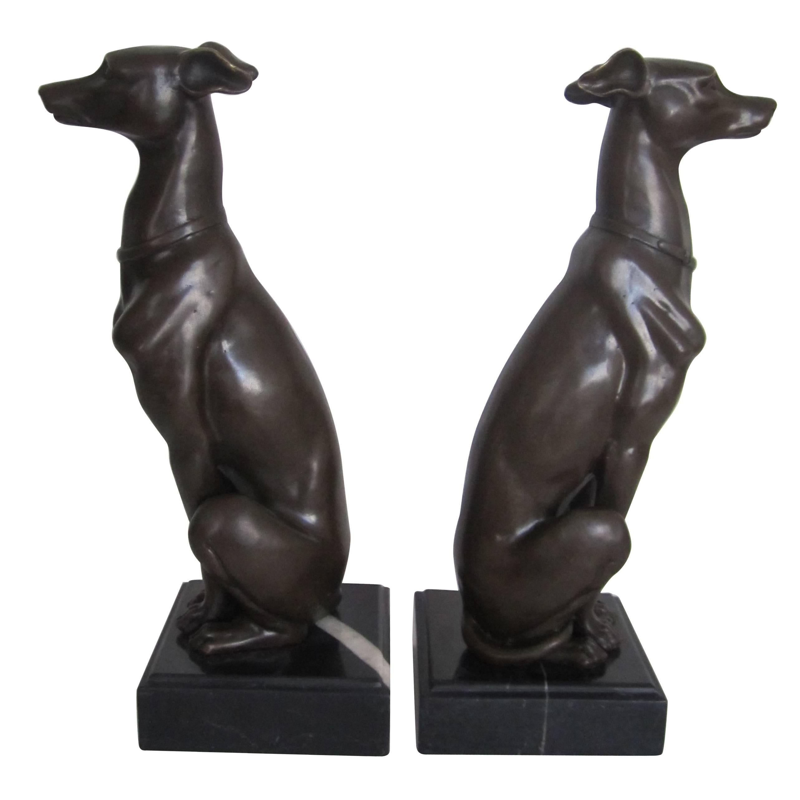 Art Deco Bronze and Marble Whippet or Greyhound Dog Sculpture Bookends