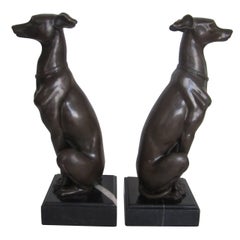 Art Deco Bronze and Marble Whippet or Greyhound Dog Sculpture Bookends