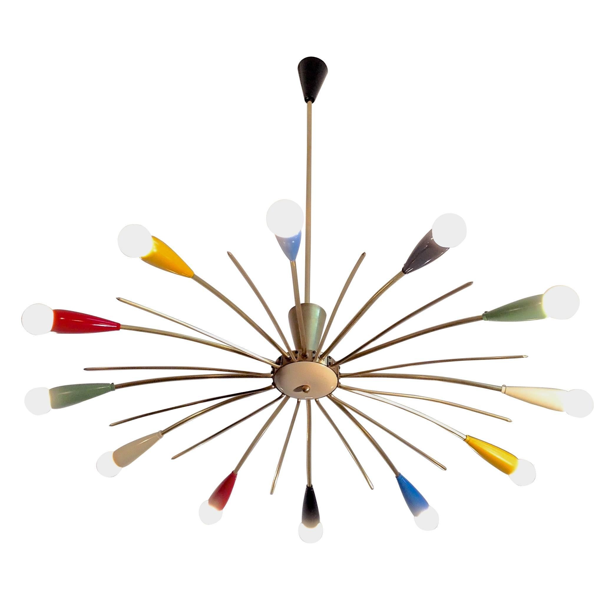 Multi-Color Mid-Century Stilnovo Style 12-Arm Sputnik Chandelier, Italy