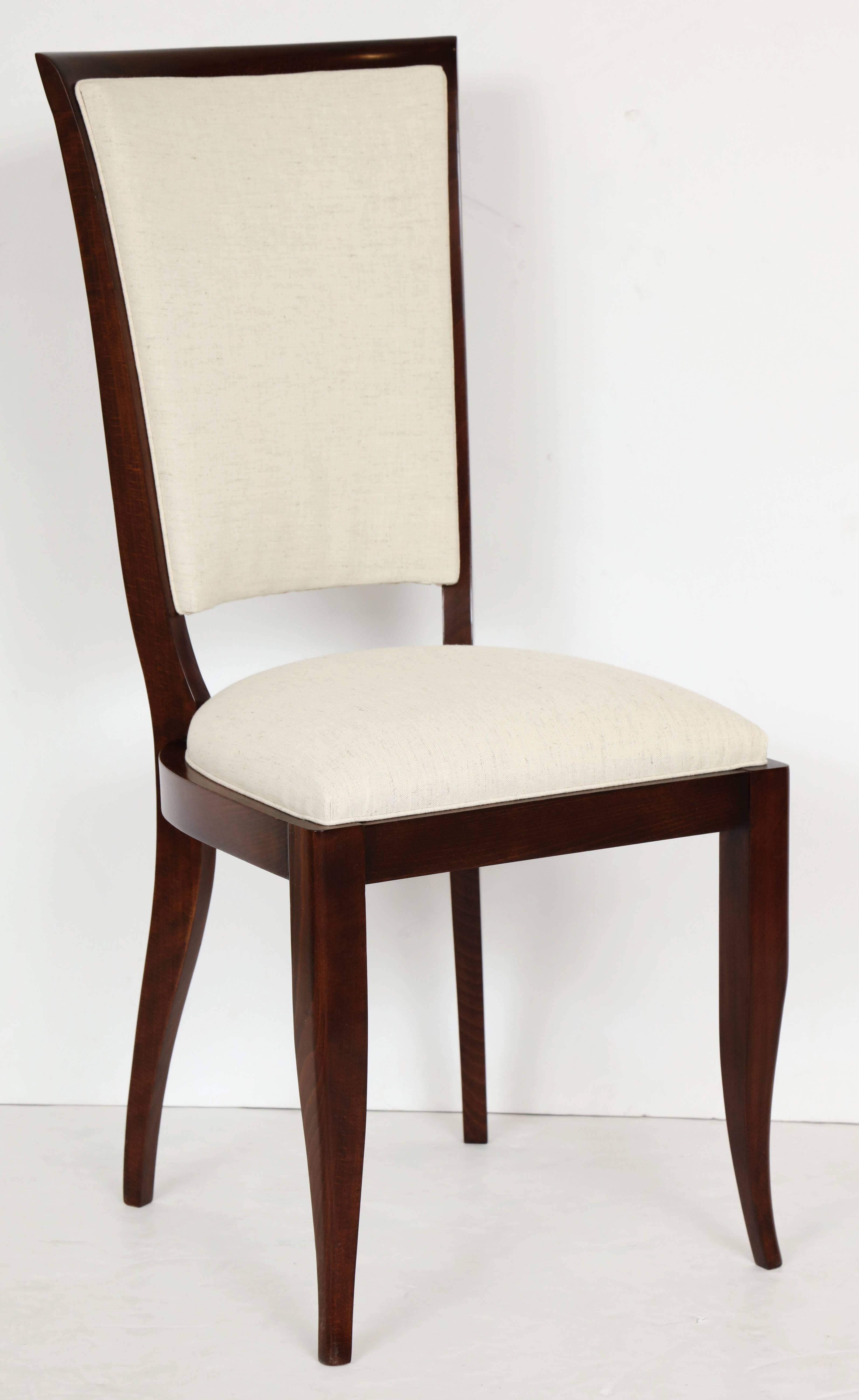 Set of six refinished and reupholstered dining chairs.
Elegant lines.
 