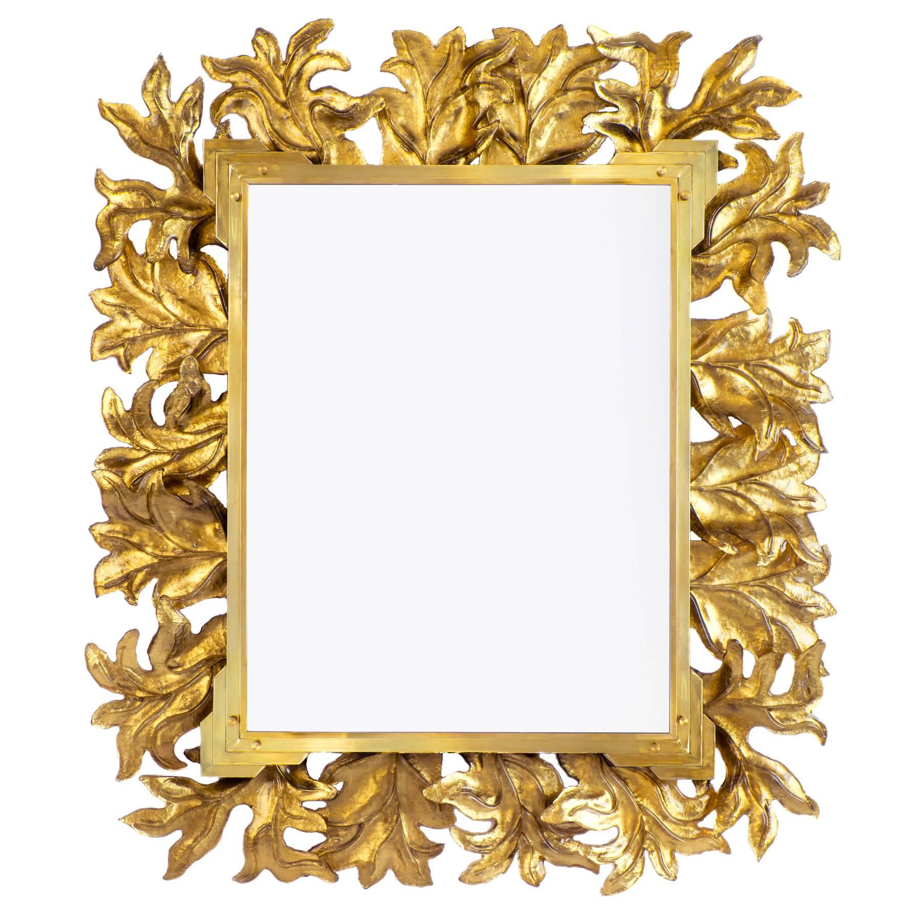 Large Murano Glass Gold Leaf Brass Mirror For Sale