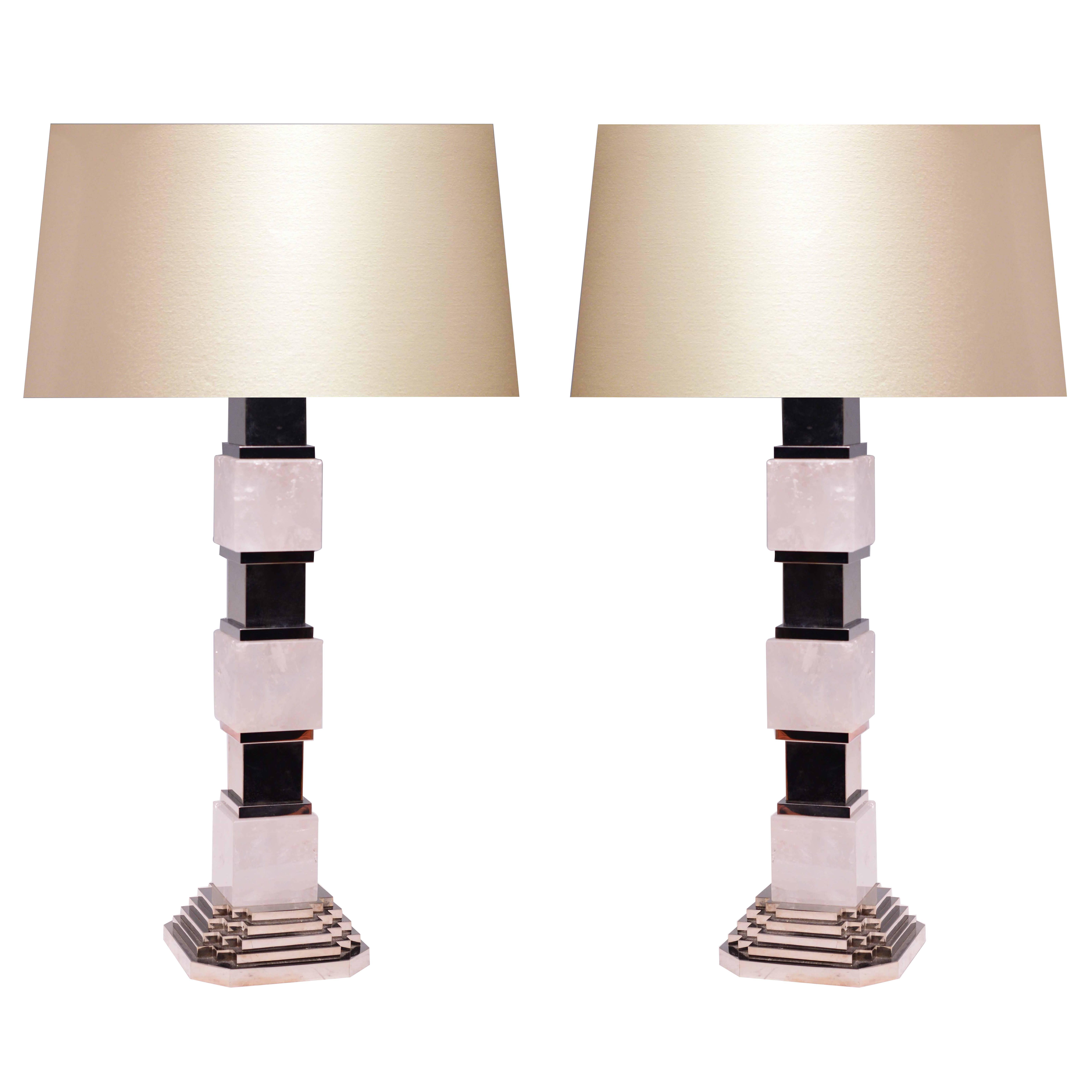Pair of Art Deco Style Clear Rock Quartz Crystal Lamps