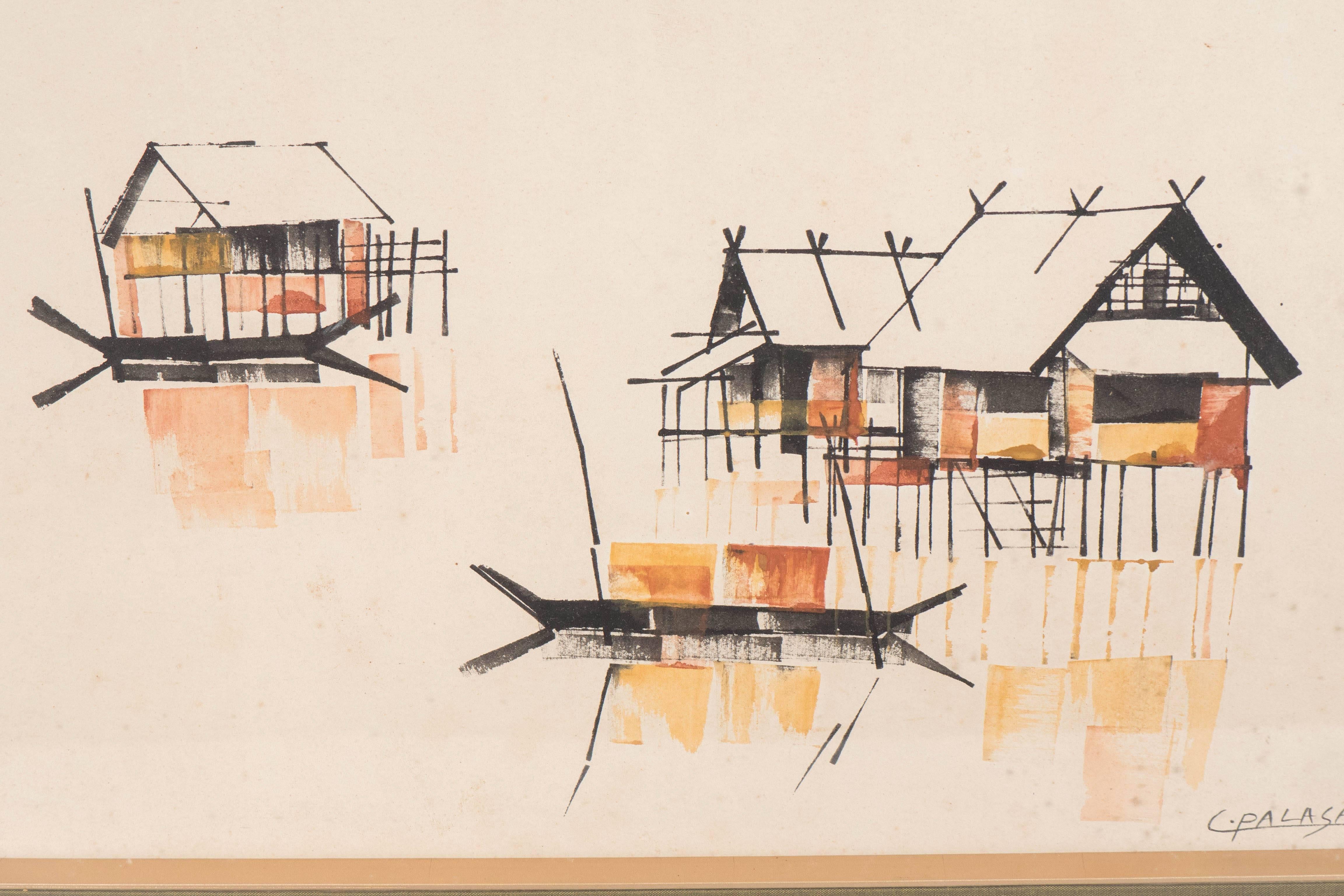 20th Century Pair of C. Palasak Gouaches of River Houses, Signed