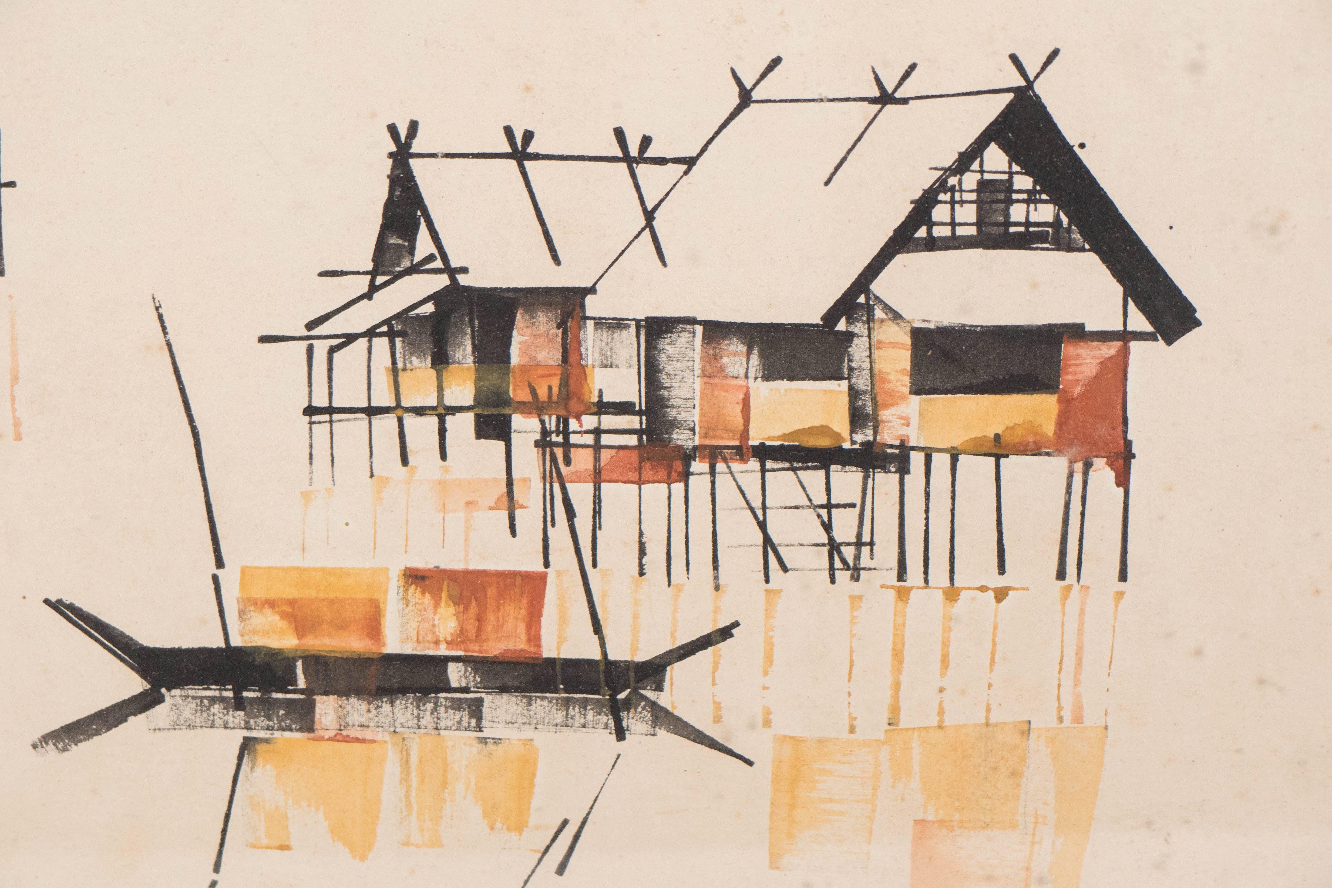 Pair of C. Palasak Gouaches of River Houses, Signed 2