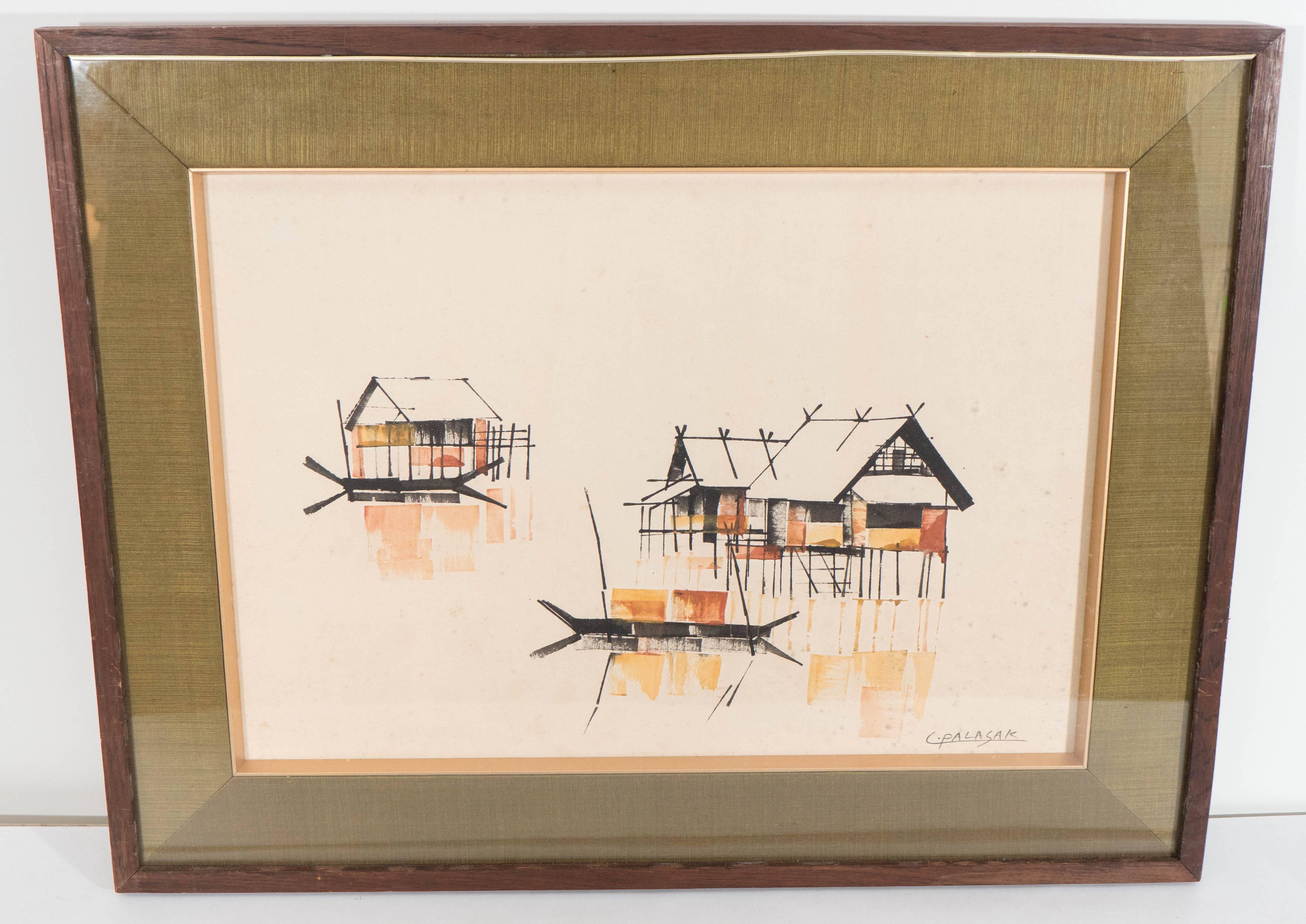 Pair of C. Palasak Gouaches of River Houses, Signed 3