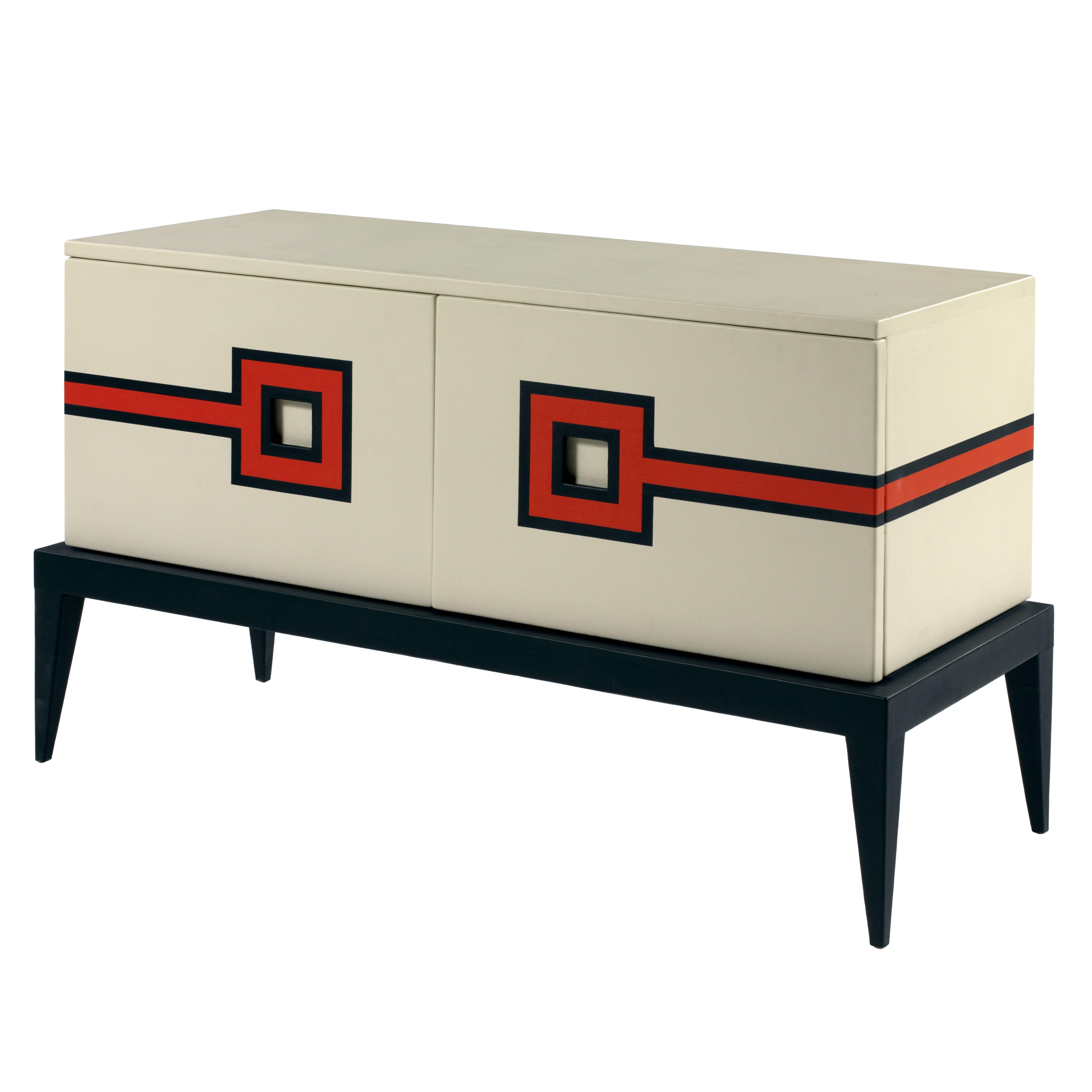 Tow Doors Buffet in Leather Marquetry White Black Orange  For Sale