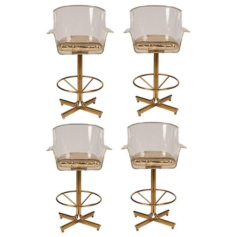 1970s Charles Hollis Jones Lucite and Brass Swivel Bar Stools, Set of Four