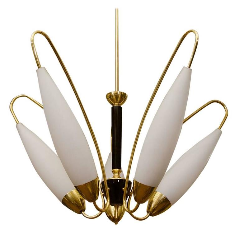Brass and Black Enamel French Chandelier with Opal Glass For Sale at