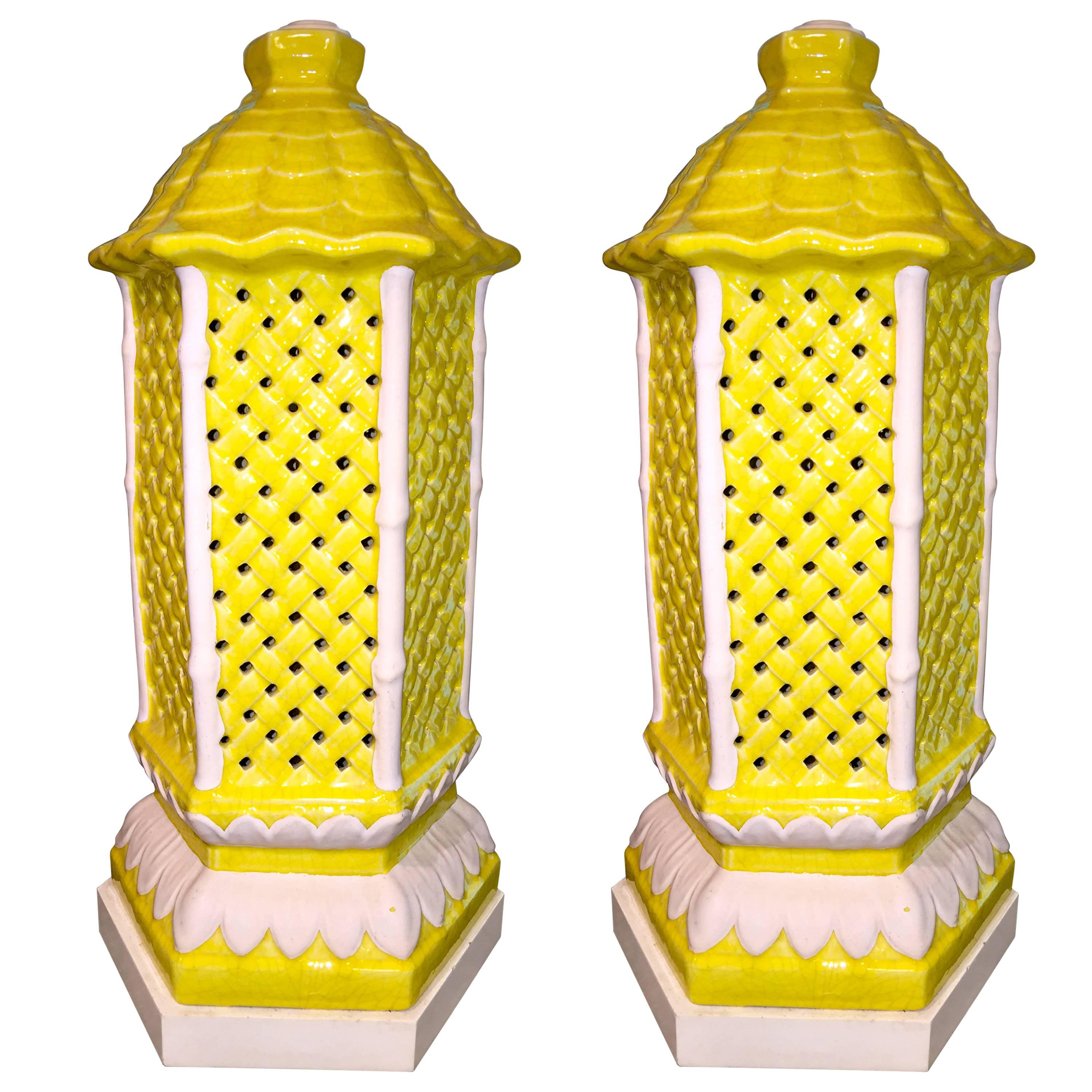 Pair of American Canary Yellow Porcelain Pagoda Trellis Pattern Lamps