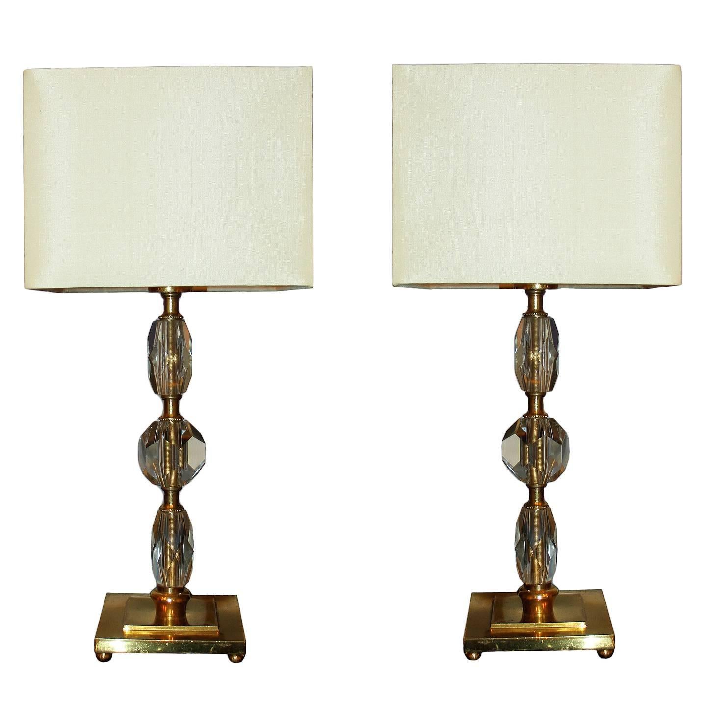 Pair of 1930s Bronze and Crystal Lamps from Prince De Galles Hotel