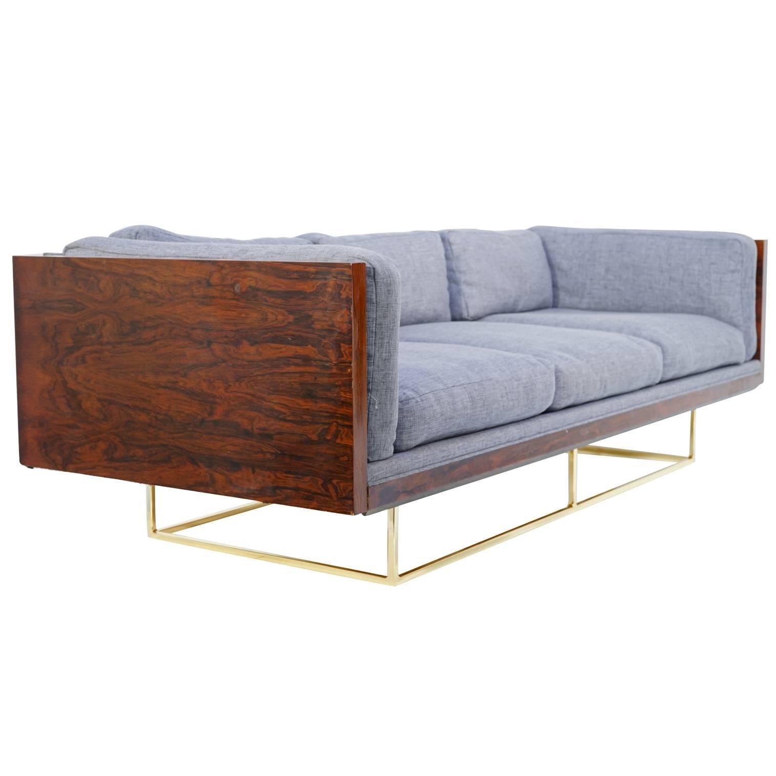 Stunning Milo Baughman Floating Rosewood and Brass Tuxedo Sofa For Sale