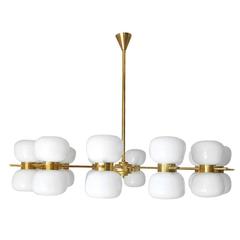 Italian Brass Chandelier with Double White Murano Glass Shades