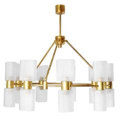 Italian Brass Chandeliers with Ribbed Murano Glass Shades