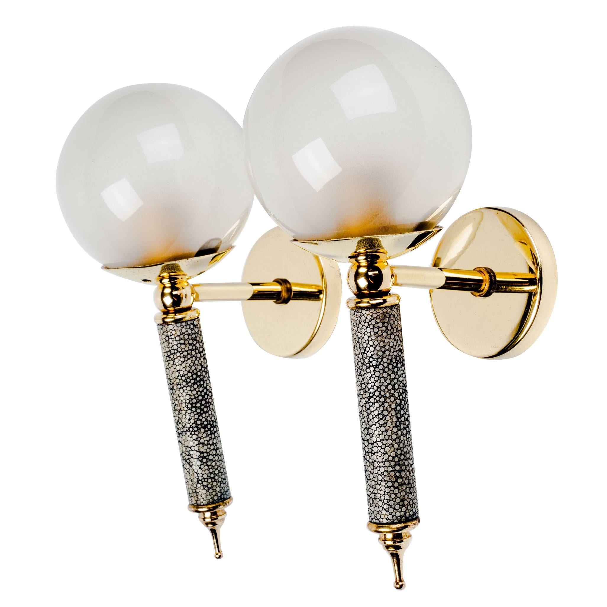 French Shagreen Sconces in Glass and Brass, 1950s