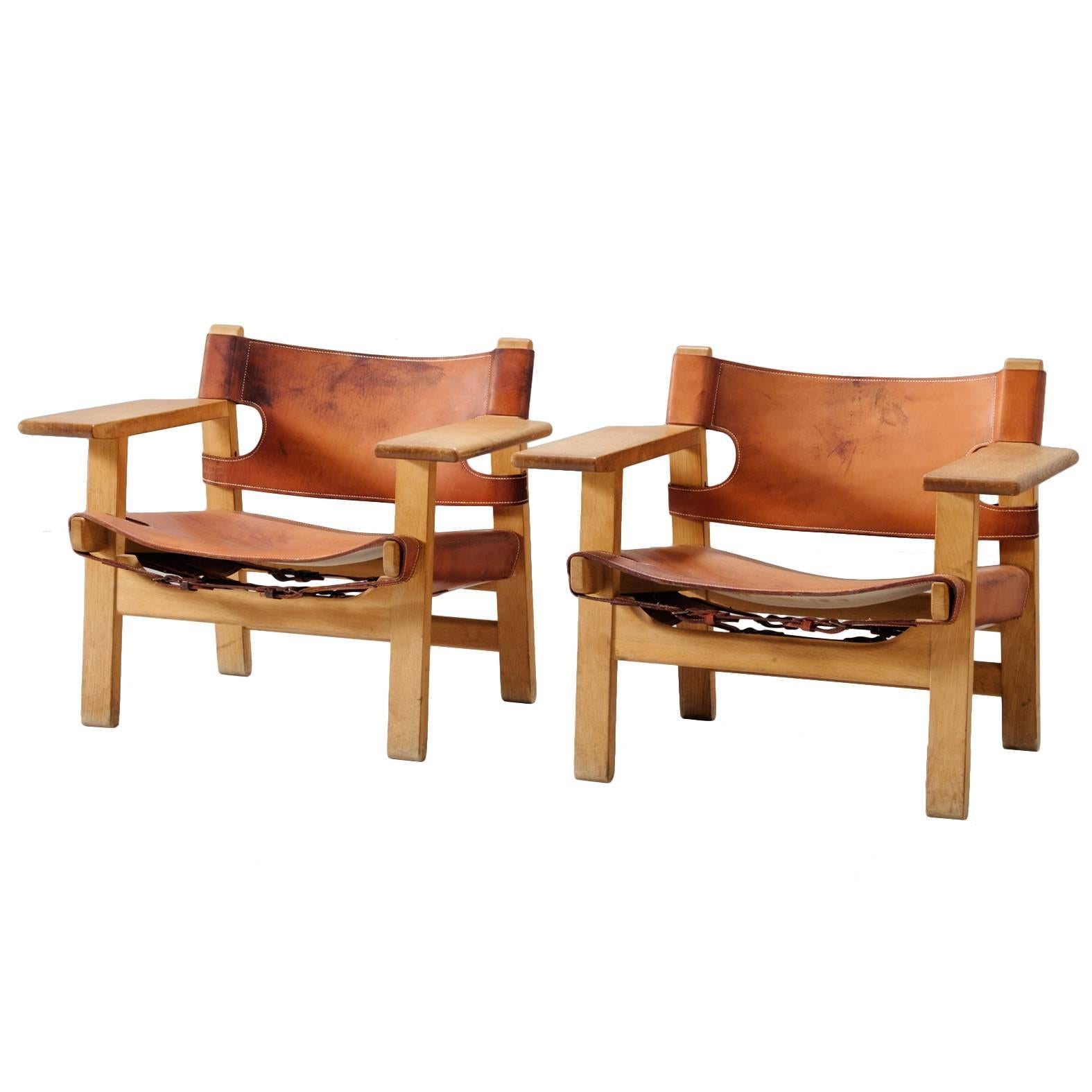 Børge Mogensen 'Spanish Chairs' in Solid Oak and Cognac Leather 