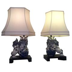 Retro Pair of Blue and White Foo Dog Lamps