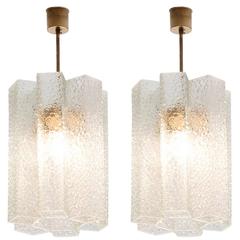 Set of Two Pendants in Structured Glass and Brass 8