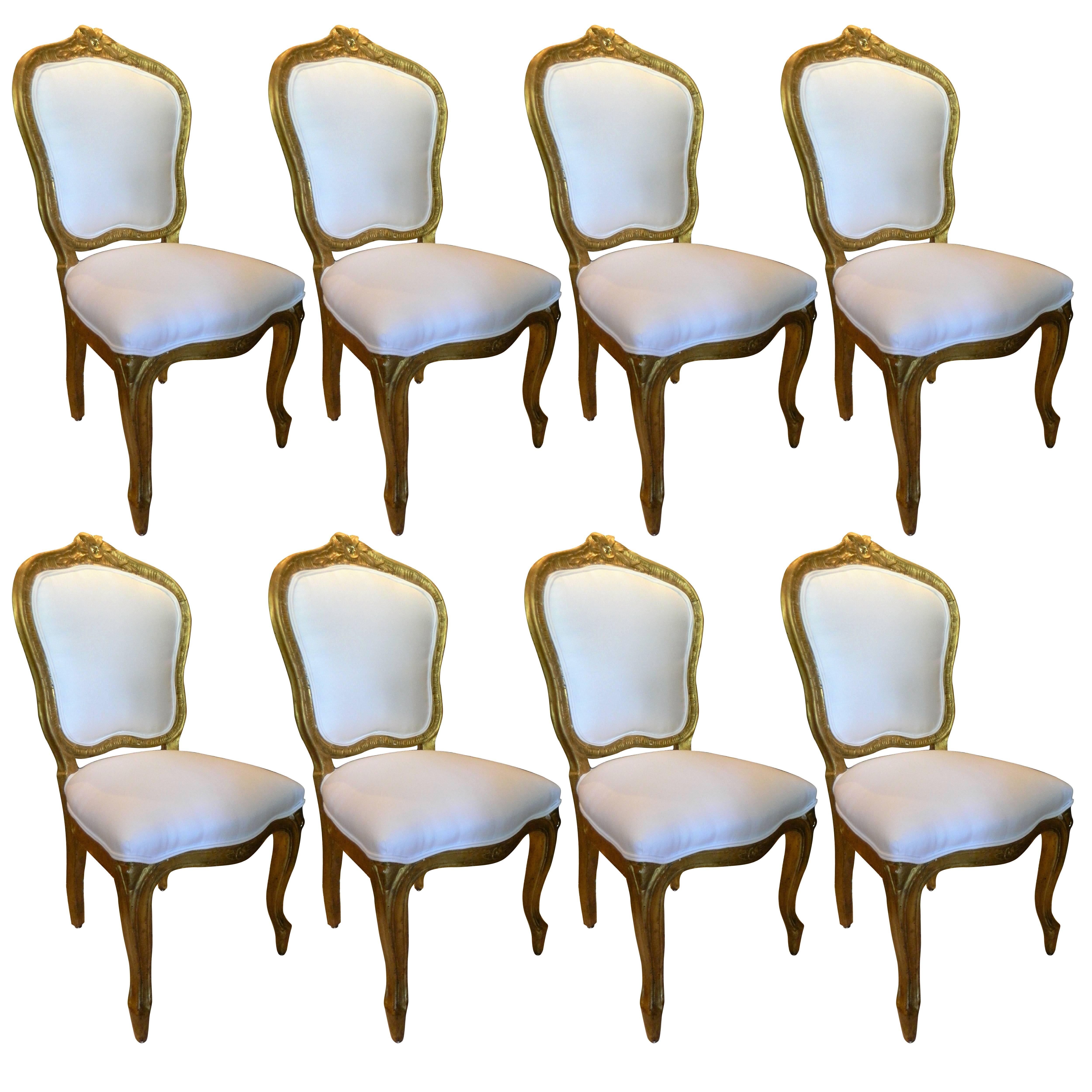 Set of Eight Louis XV Style Giltwood Side Chairs, Early 19th Century