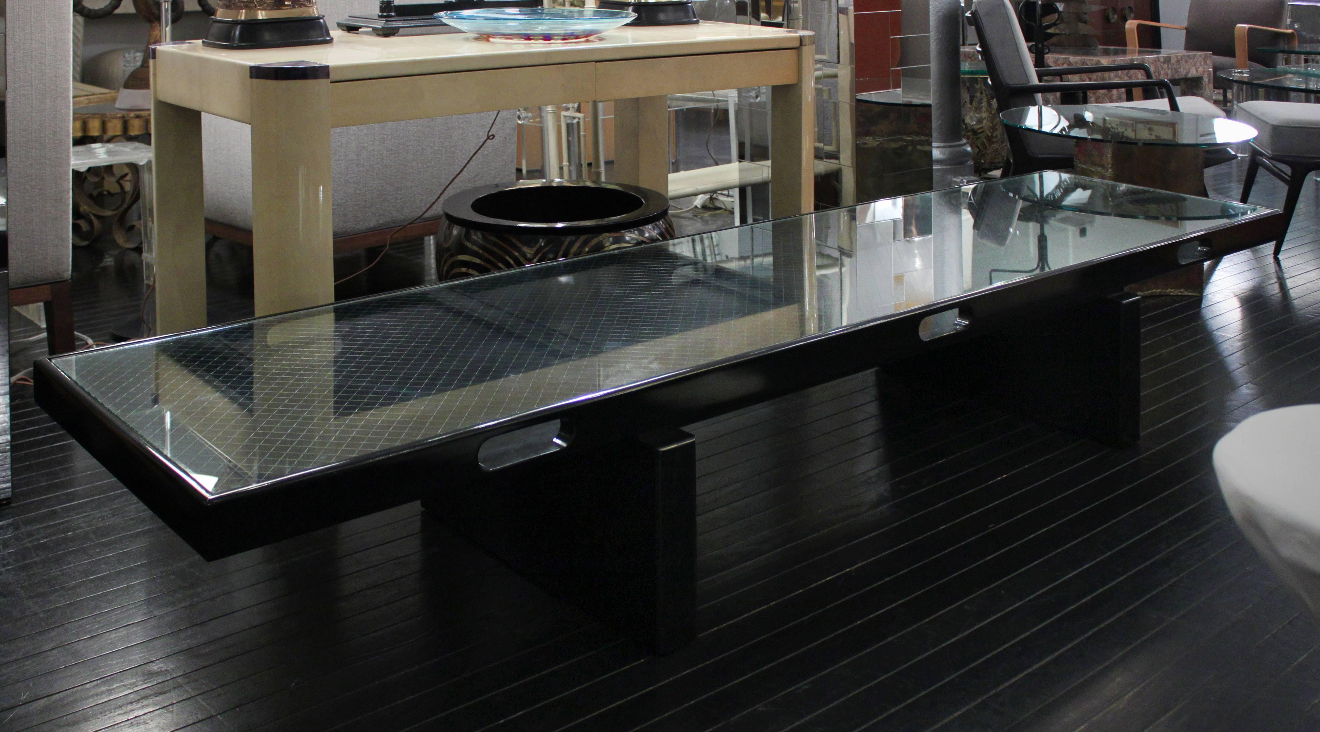 Long Coffee Table in Black Lacquer with Inset Wire Glass Top by Juan Montoya In Excellent Condition In New York, NY
