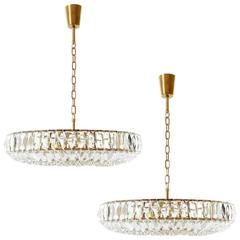 Pair of Bakalowits Style Chandeliers, Gold Brass Crystal, Austria, 1960s