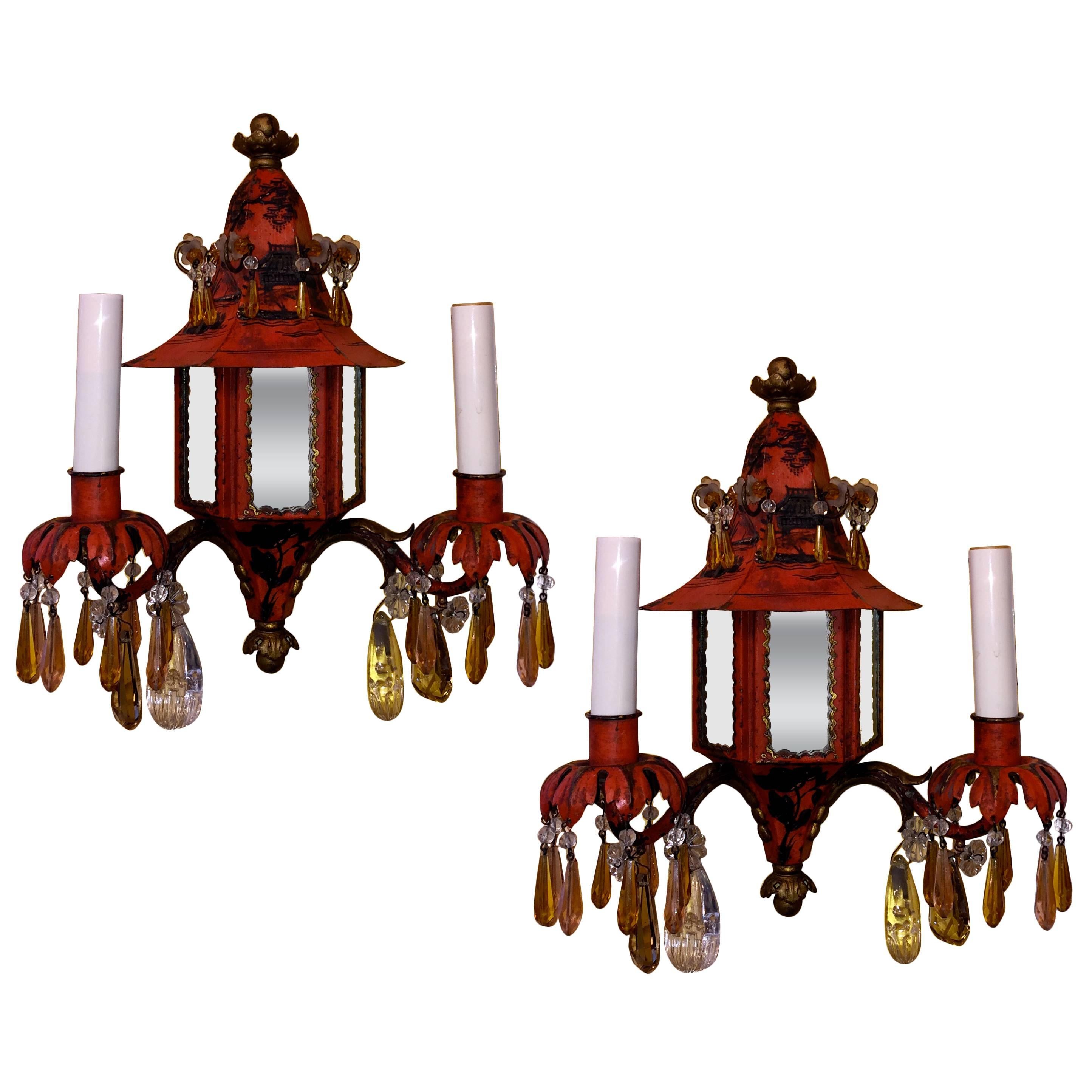 Pair of 19th Century French Napoleon III Chinoiserie Style Tole Sconces For Sale