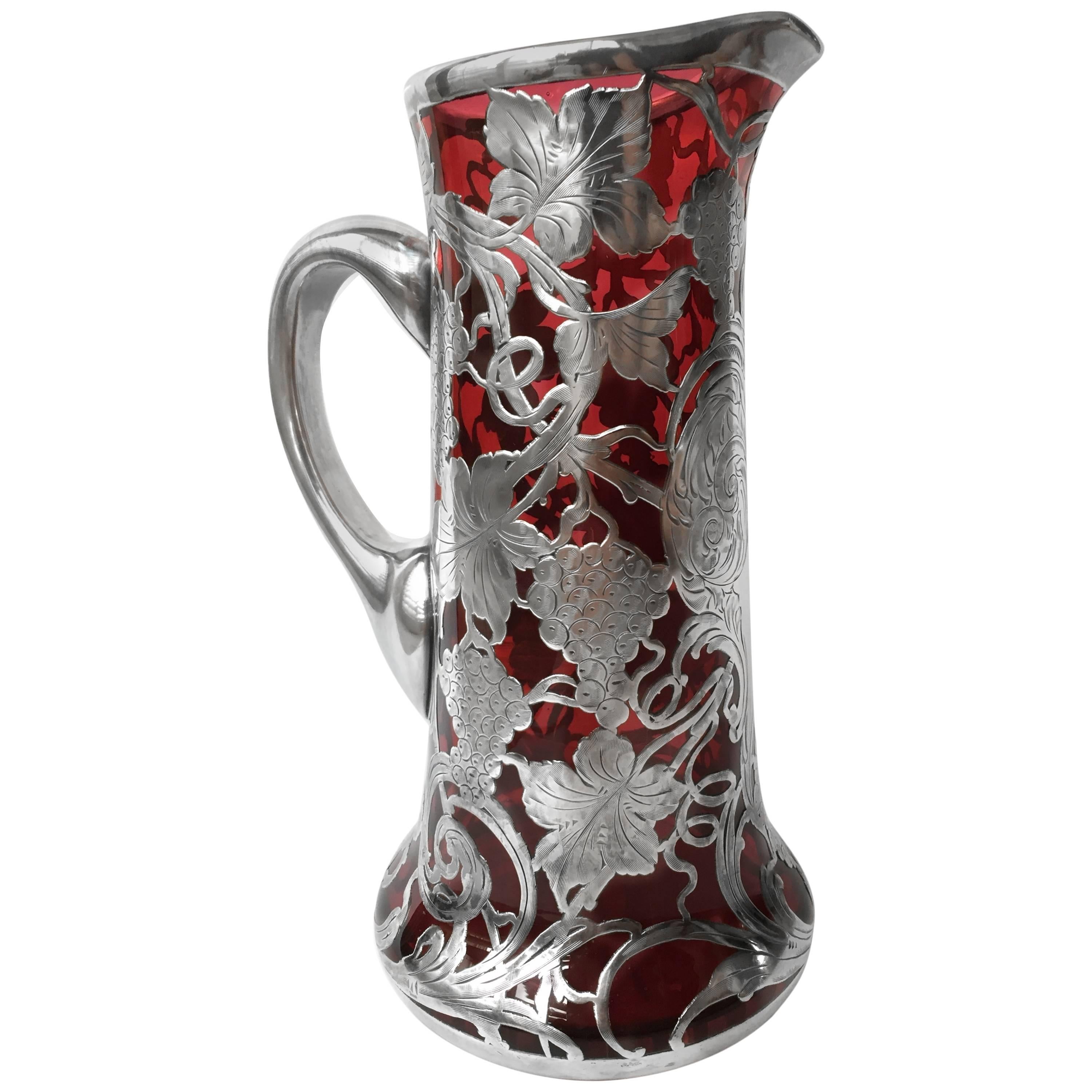 Fantastic Red Glass Sterling Overlay Pitcher, circa 1900 For Sale