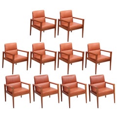 Set of Ten labeled Jens Risom Armchairs in Walnut in cognac leather