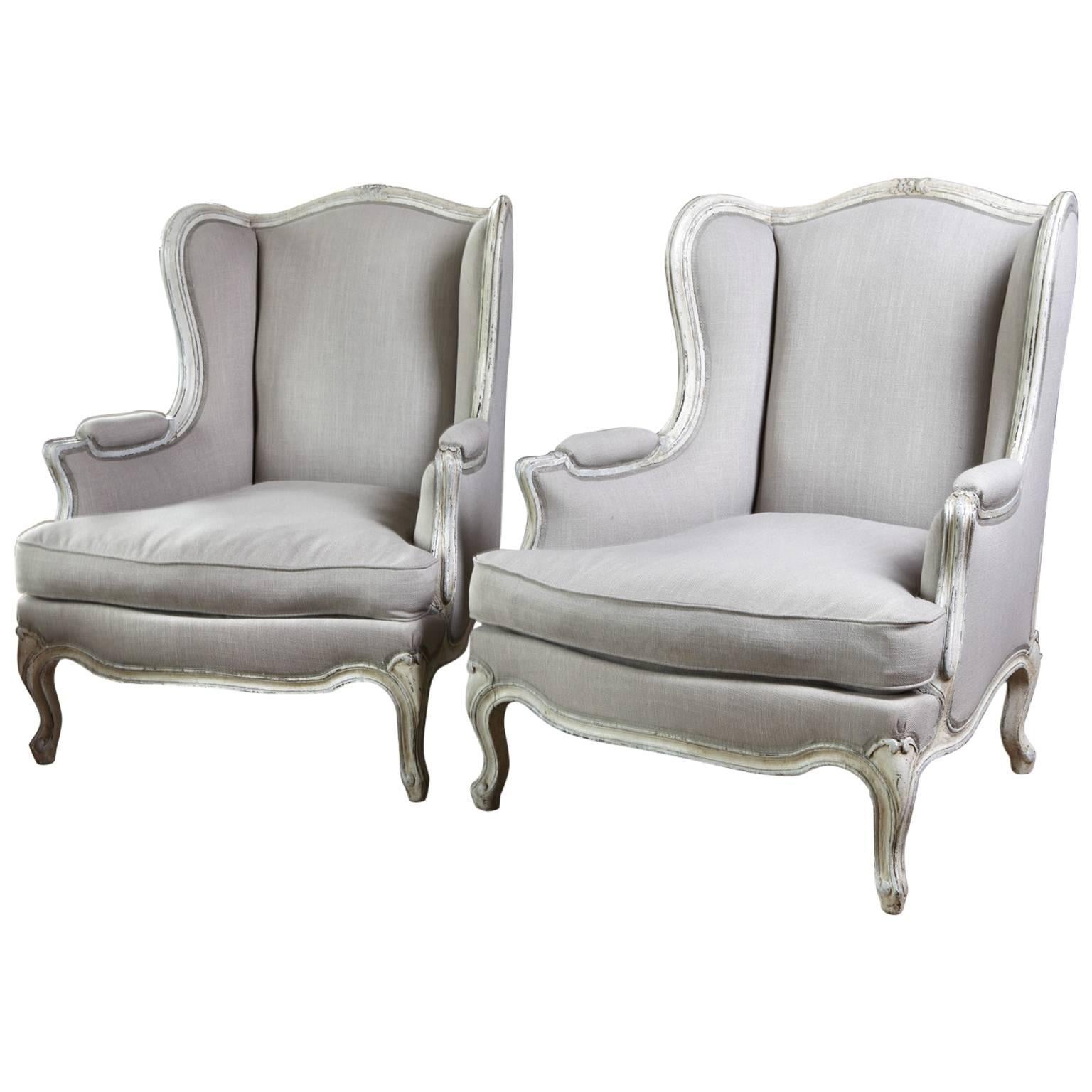 Pair of Large 19th Century French White Painted Bergères or Fauteuils