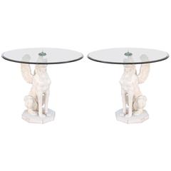 Pair of Carved Wood, Winged Sphinx Tables with Glass Tops