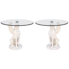 Pair of Carved Wood, Winged Sphinx Tables with Glass Tops