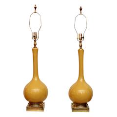 Pair of Mustard Yellow Lamps with Green Shades