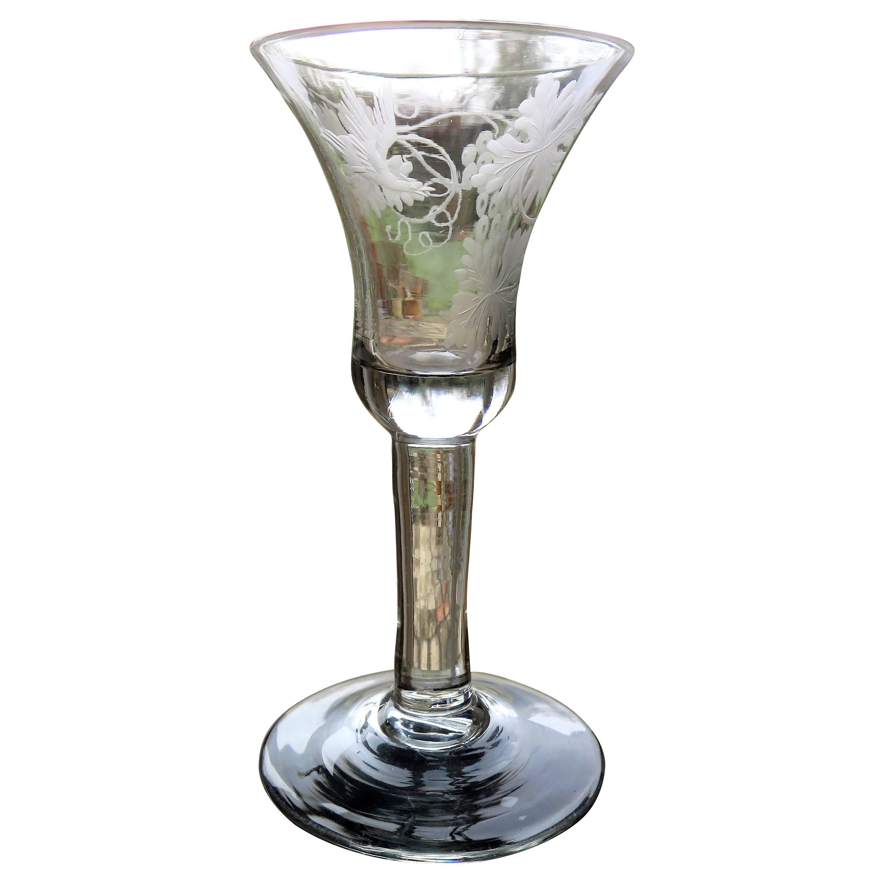 George II English Wine Drinking Glass Engraved Bell Bowl Hand Blown, Circa 1745 For Sale