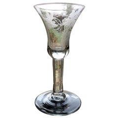 George II English Wine Drinking Glass Engraved Bell Bowl Hand Blown, Circa 1745