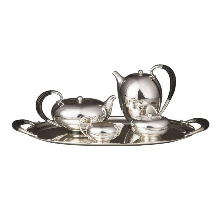 Four Piece Georg Jensen Tea and Coffee Set on Matching Tray For Sale