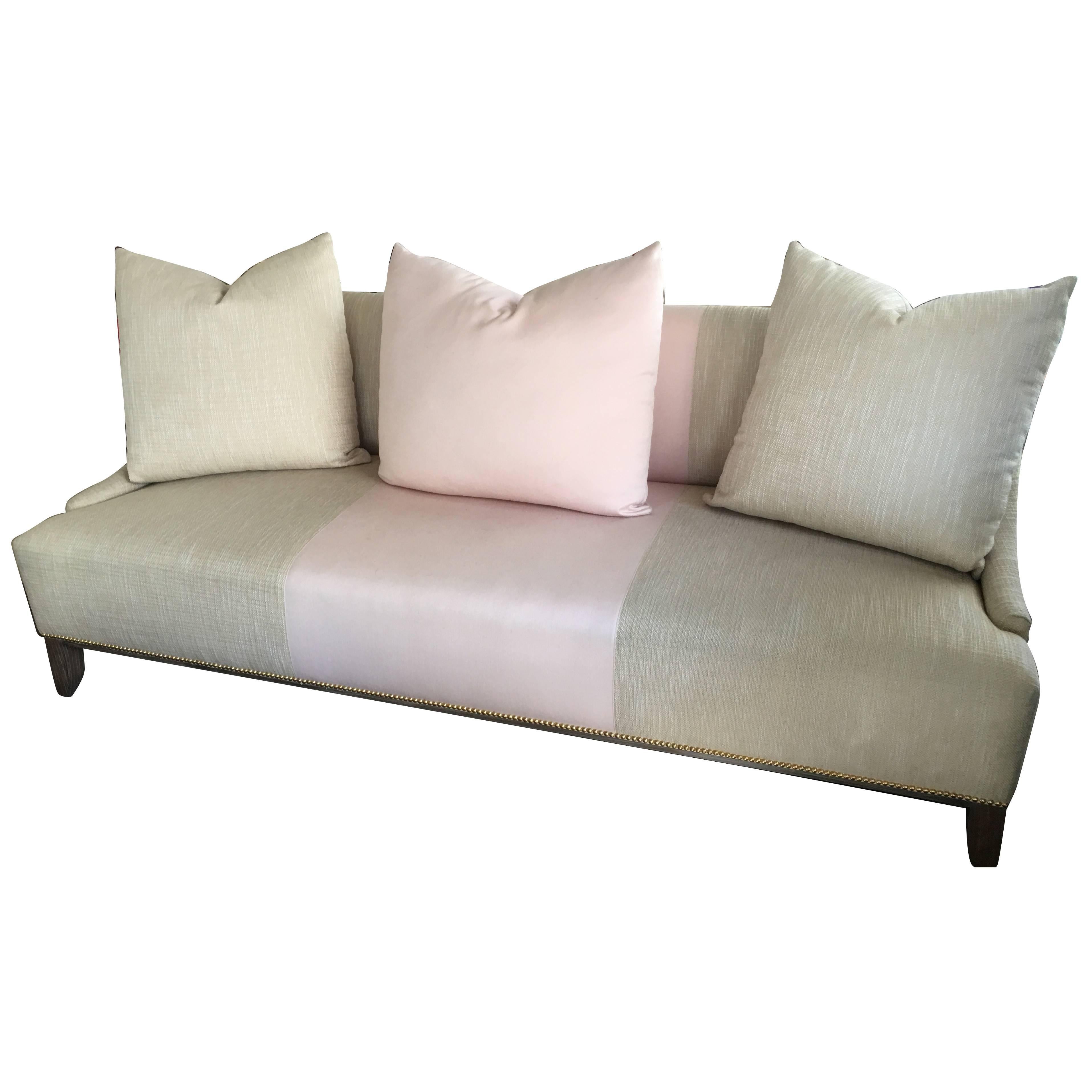 Contemporary Modern Tan Linen & Pink Custom-Made Fashion Sofa