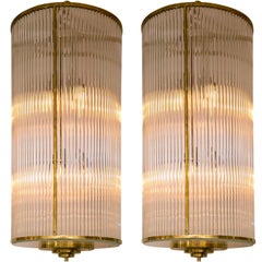 Pair of Large and Sleek Italian Glass and Brass Lanterns