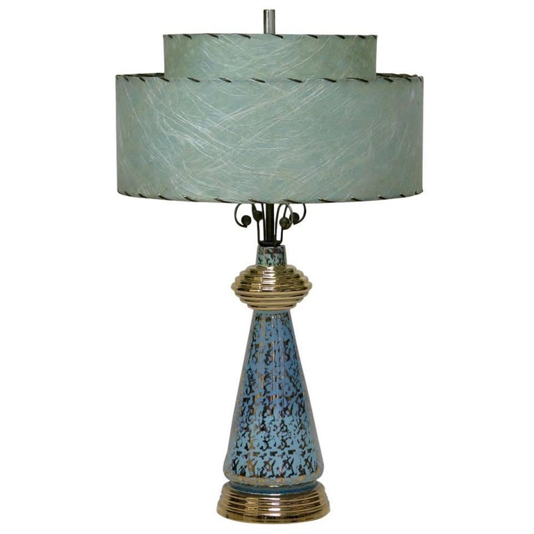 Pair of Gold Speckled Porcelain Lamps with Paper Shades, USA 