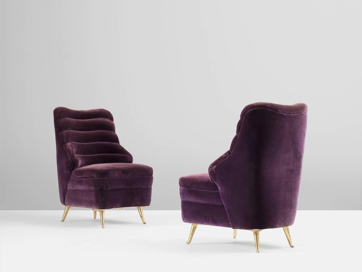 Pair of Italian Purple Velvet Lounge Chairs In Good Condition In Waalwijk, NL