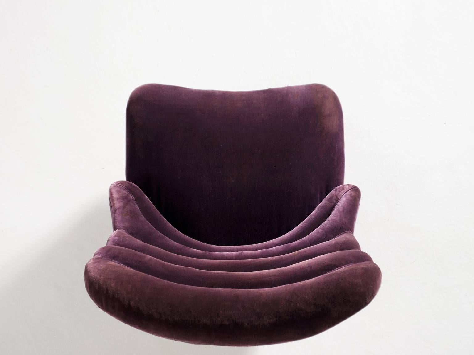 Metal Pair of Italian Purple Velvet Lounge Chairs
