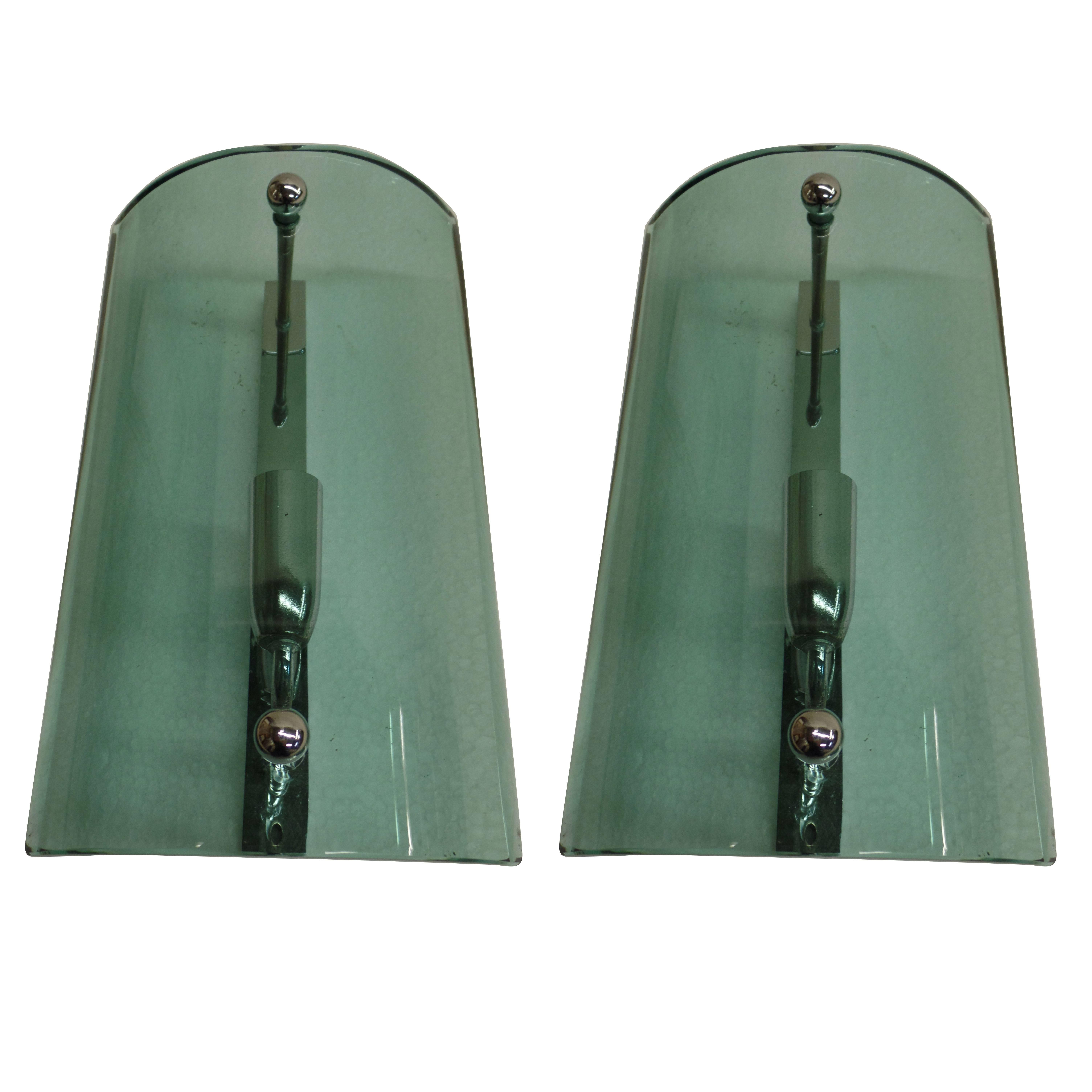 Pair of Italian Mid-Century Modern Green Glass Sconces