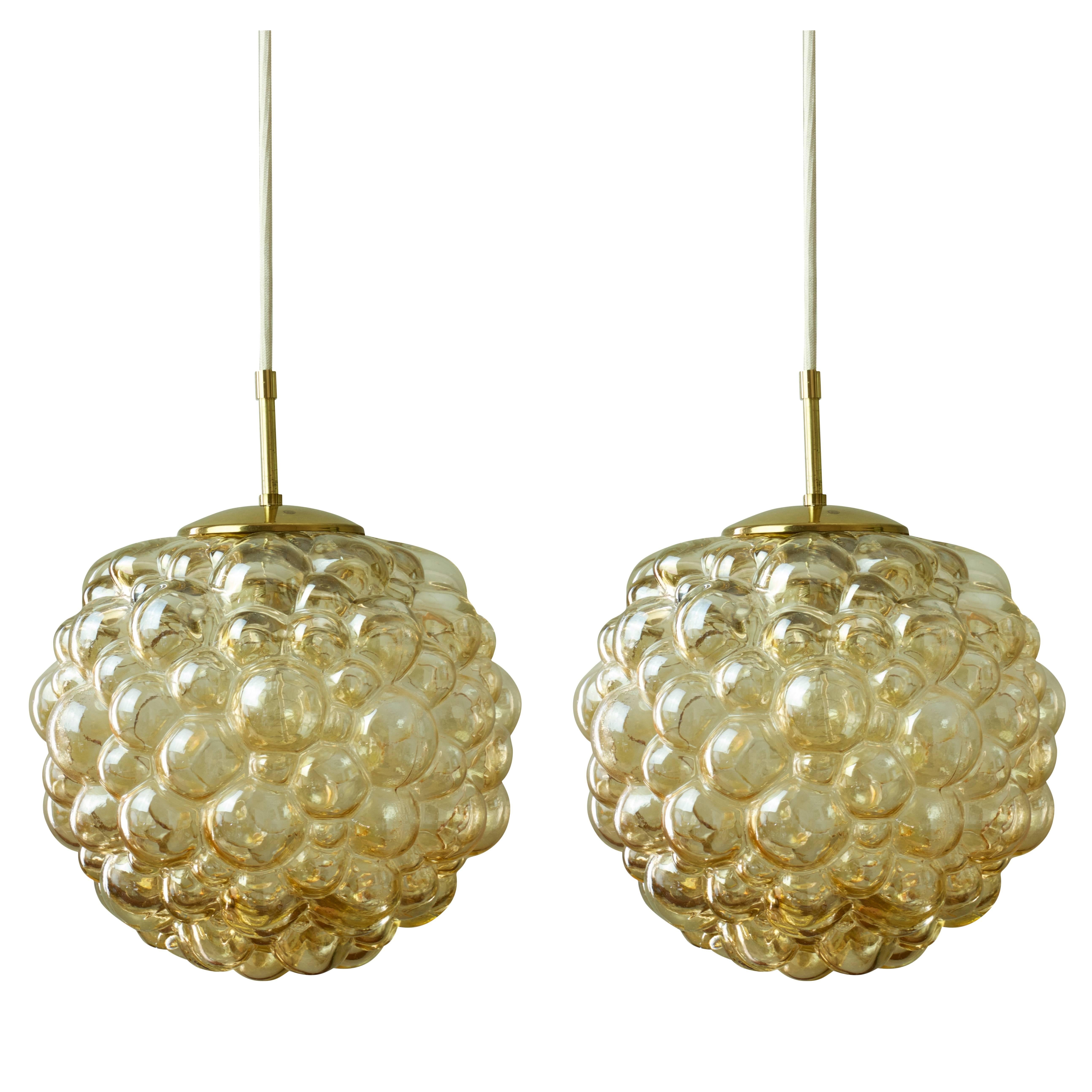 Large Pair of Amber Bubble Glass Pendant Lights by Helena Tynell for Limburg 