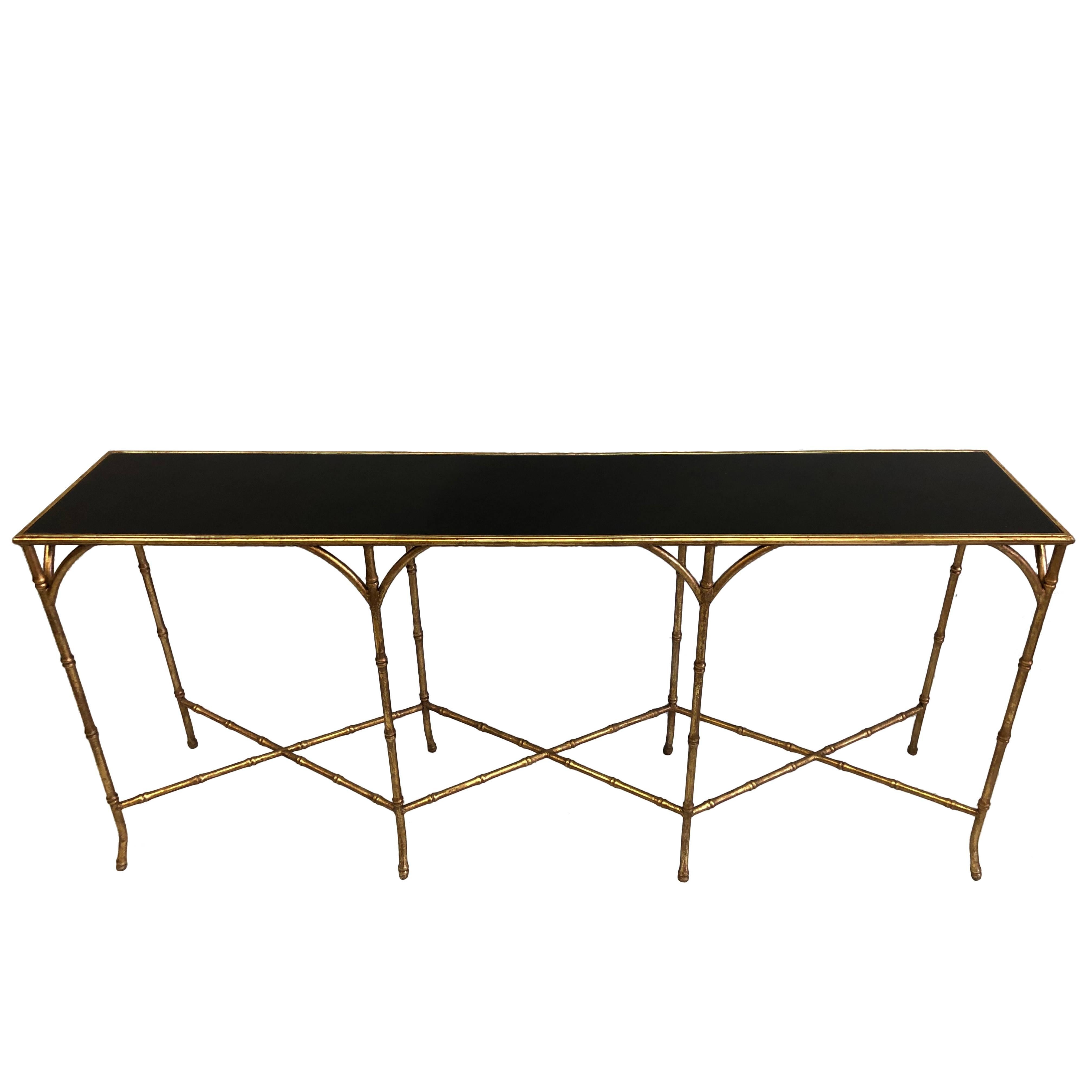 Large French Mid-Century Modern Gilt Iron Faux Bamboo Console, Maison Bagues