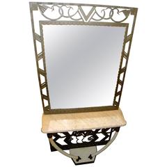 Art Deco Iron Console with Matching Mirror and Marble Tusks 4