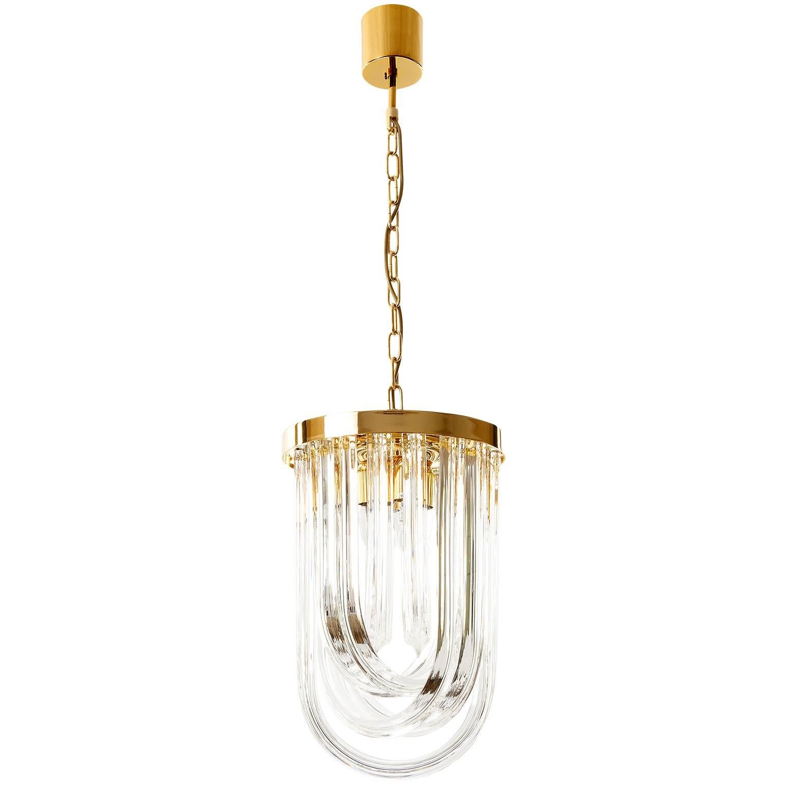 Venini Pendant Light Chandelier, Curved Crystal Glass and Gilt Brass, Italy