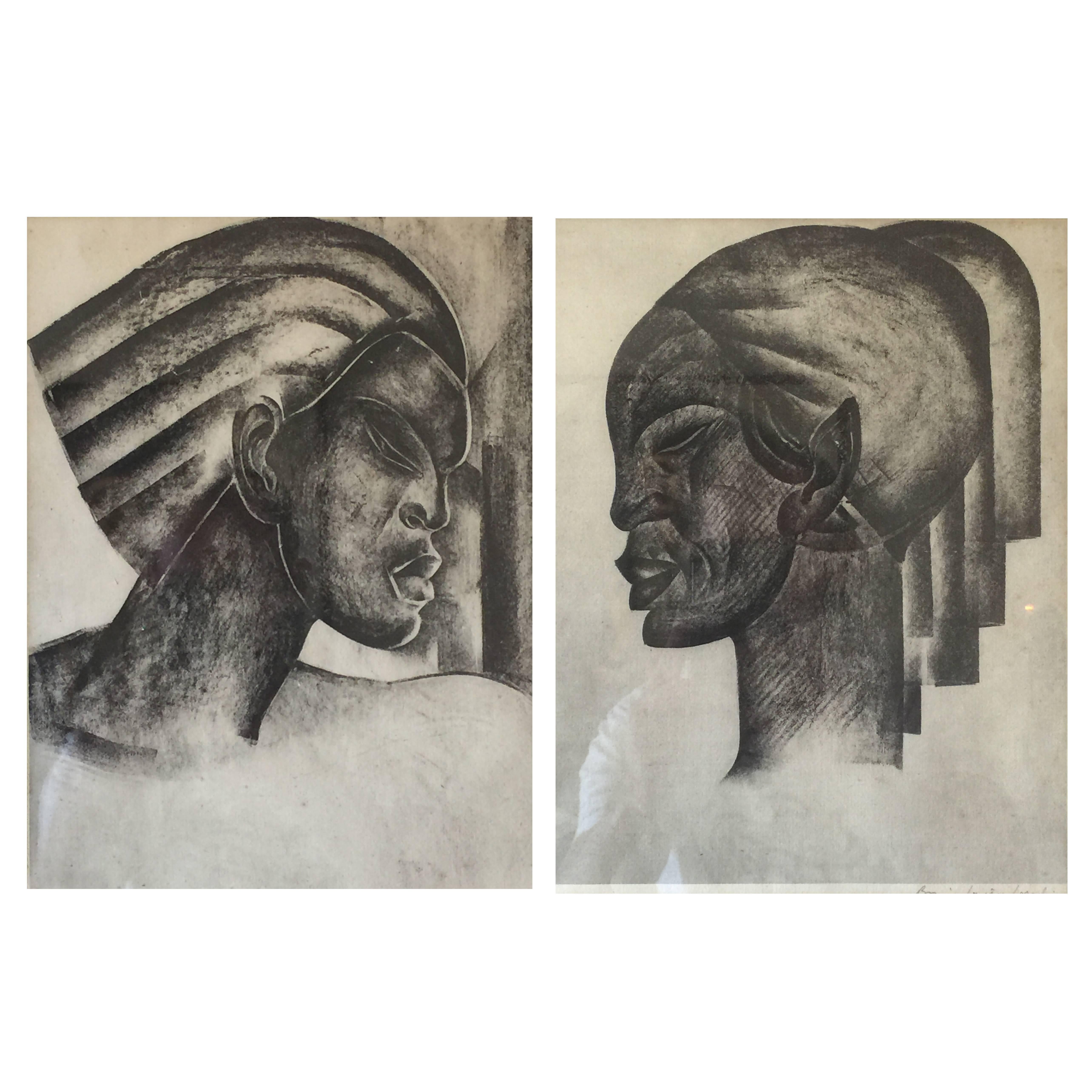 Pair of Rare Signed Art Deco Lithographs by Boris Lovet-Lorski