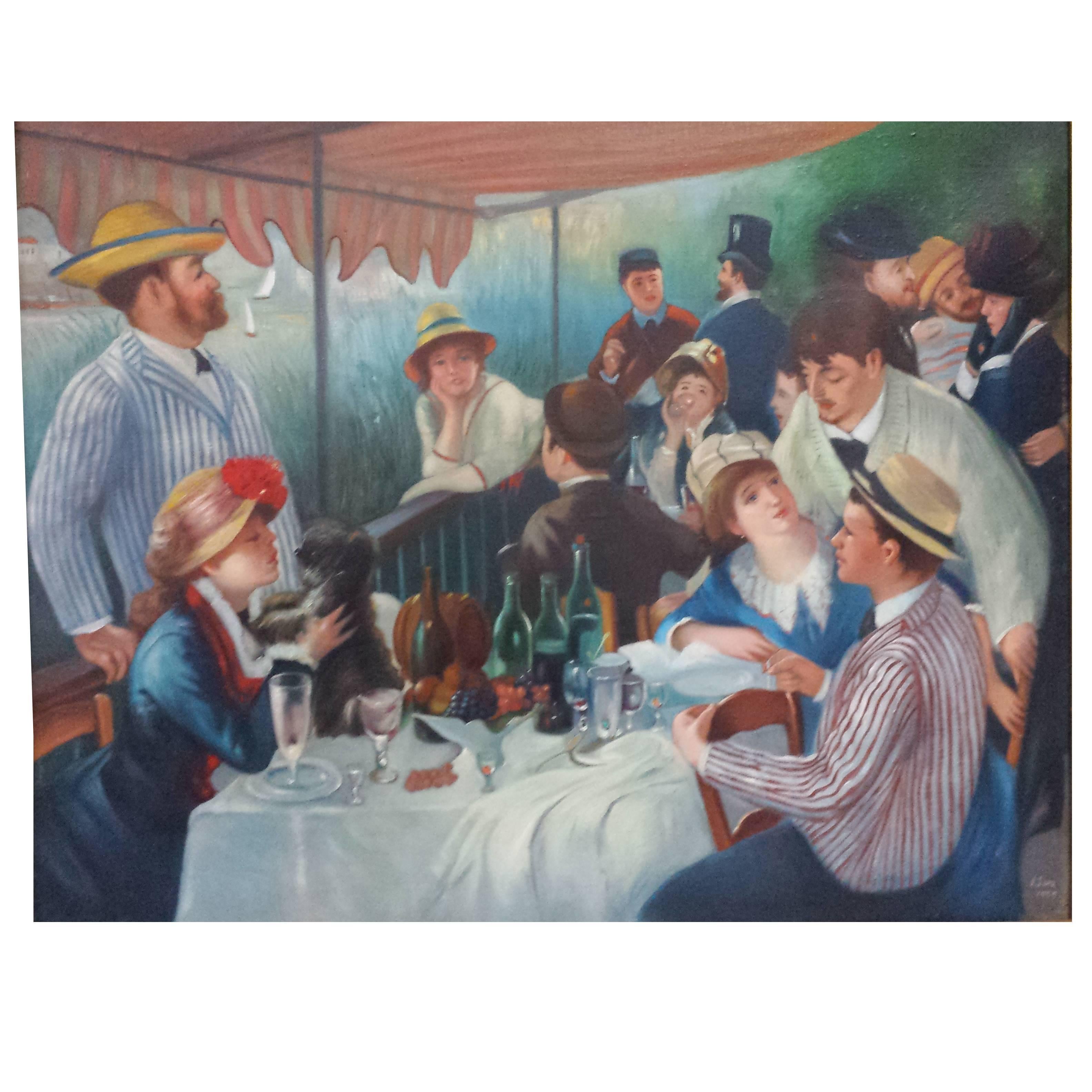 Original Impressionist 'Boating Party' Oil Painting after Renoir, signed J. Sanz For Sale