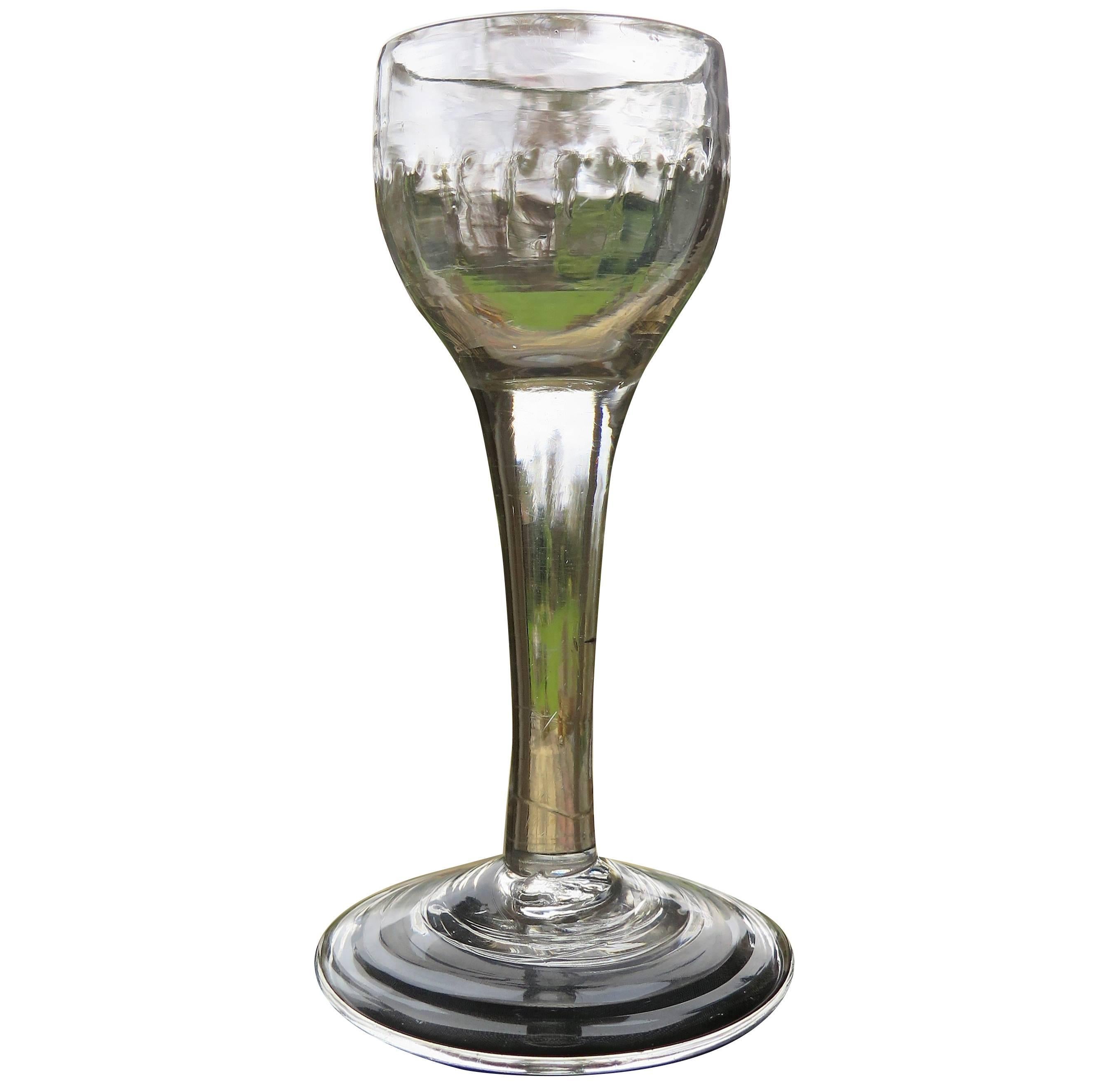 George II Cordial Wine Drinking Glass English Fluted Bowl, Hand Blown, Ca 1740