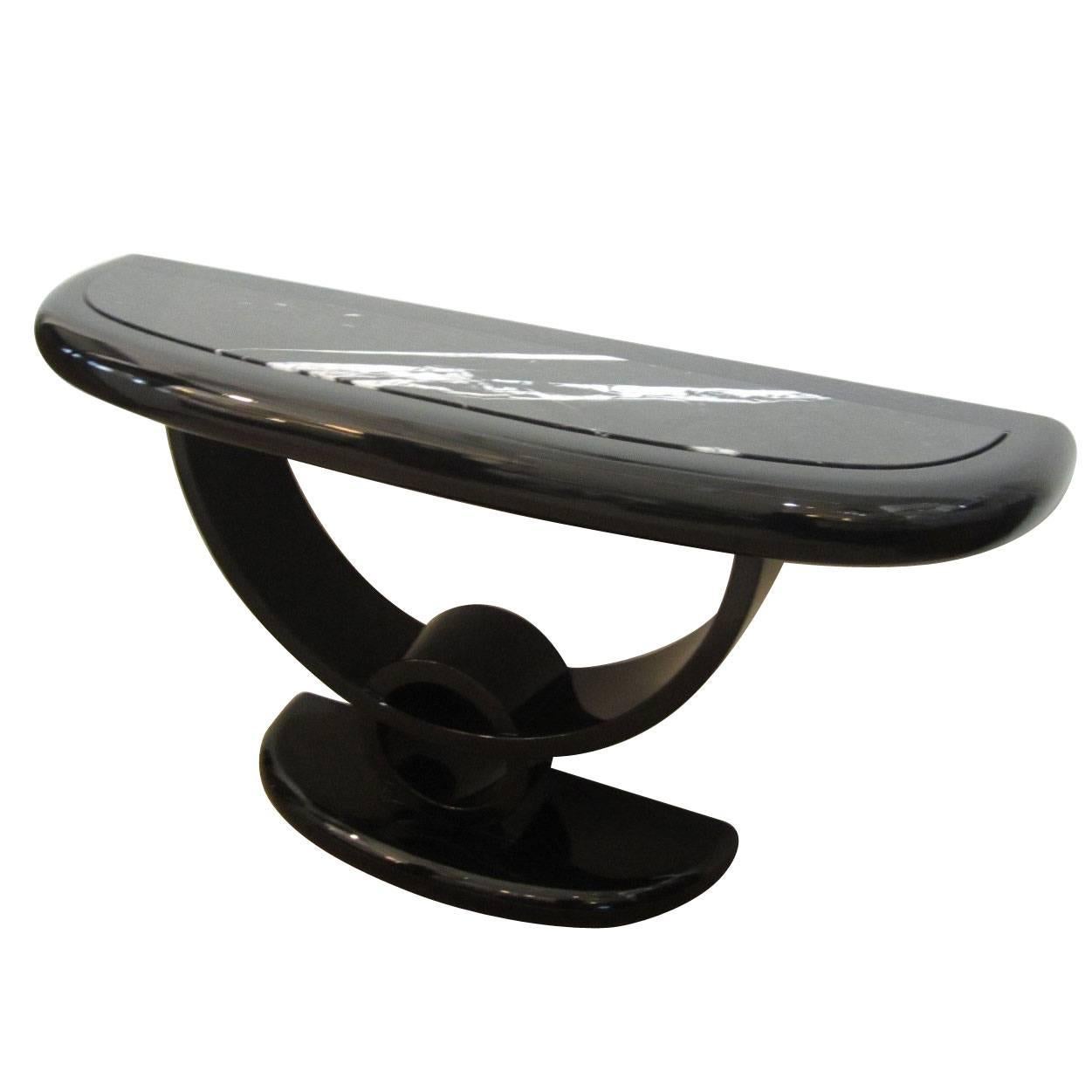 Black Console Table with Black and White-Veined Marble 